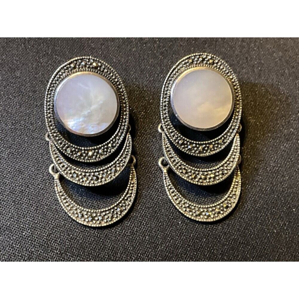 925 Sterling Silver MOP Marcasite Post Earrings Articulating Dangel
